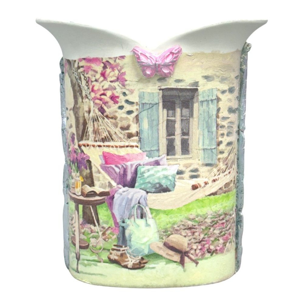 Italian VNTG White Tulip Ceramic Vase Upcycled W/ Decoupage & Hand Moulded Clay